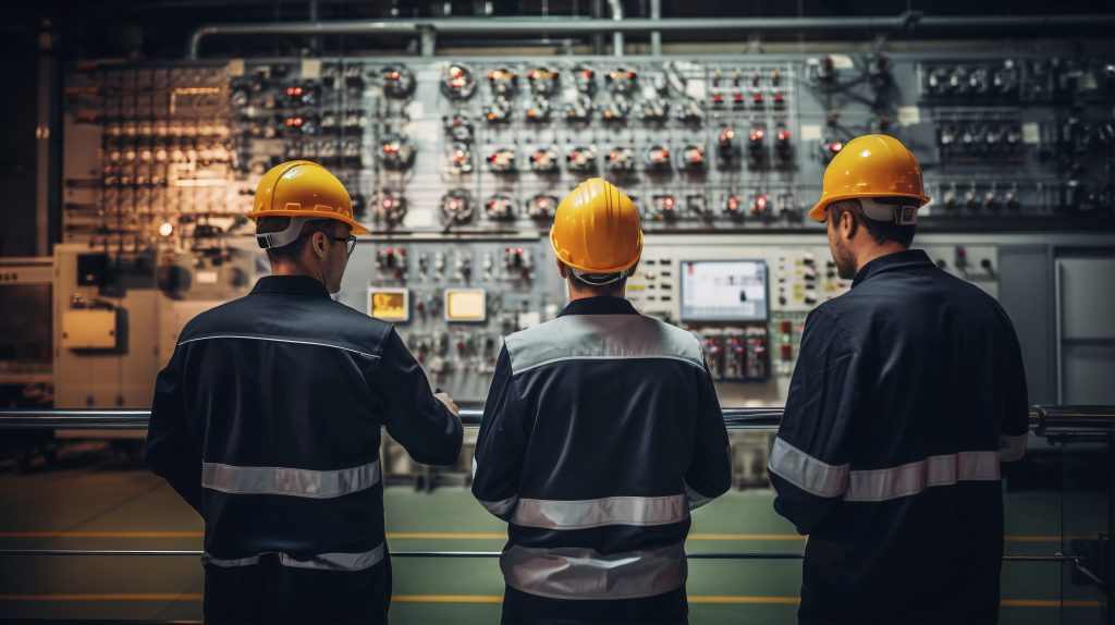 engineers with hard hats working nuclear power plant